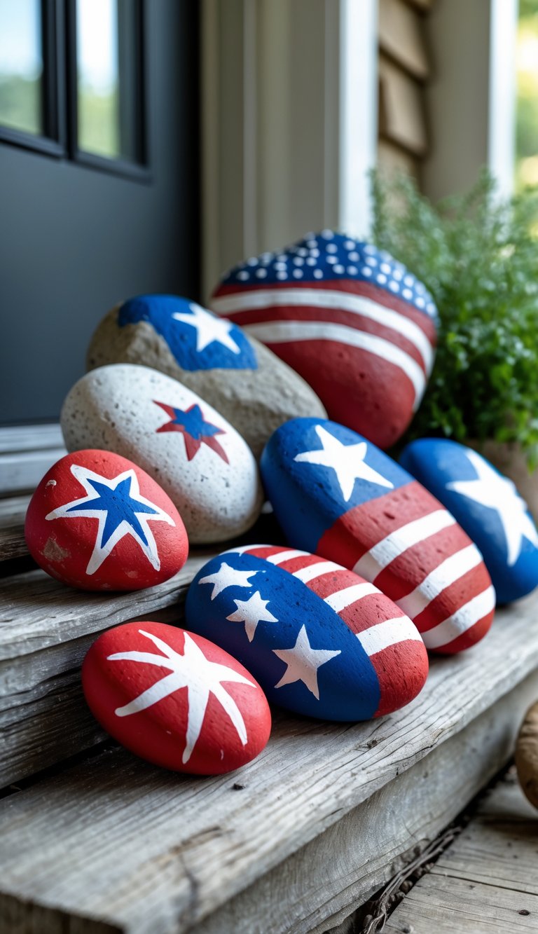 Painted rocks with stars and stripes designs arranged on a wooden porch step with some greenery.