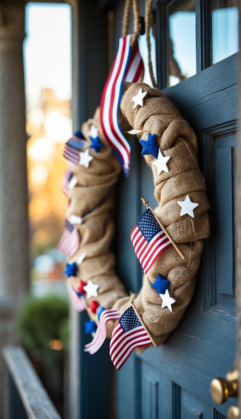 A patriotic wreath made of burlap with small American flags and stars hanging on a wooden porch door.