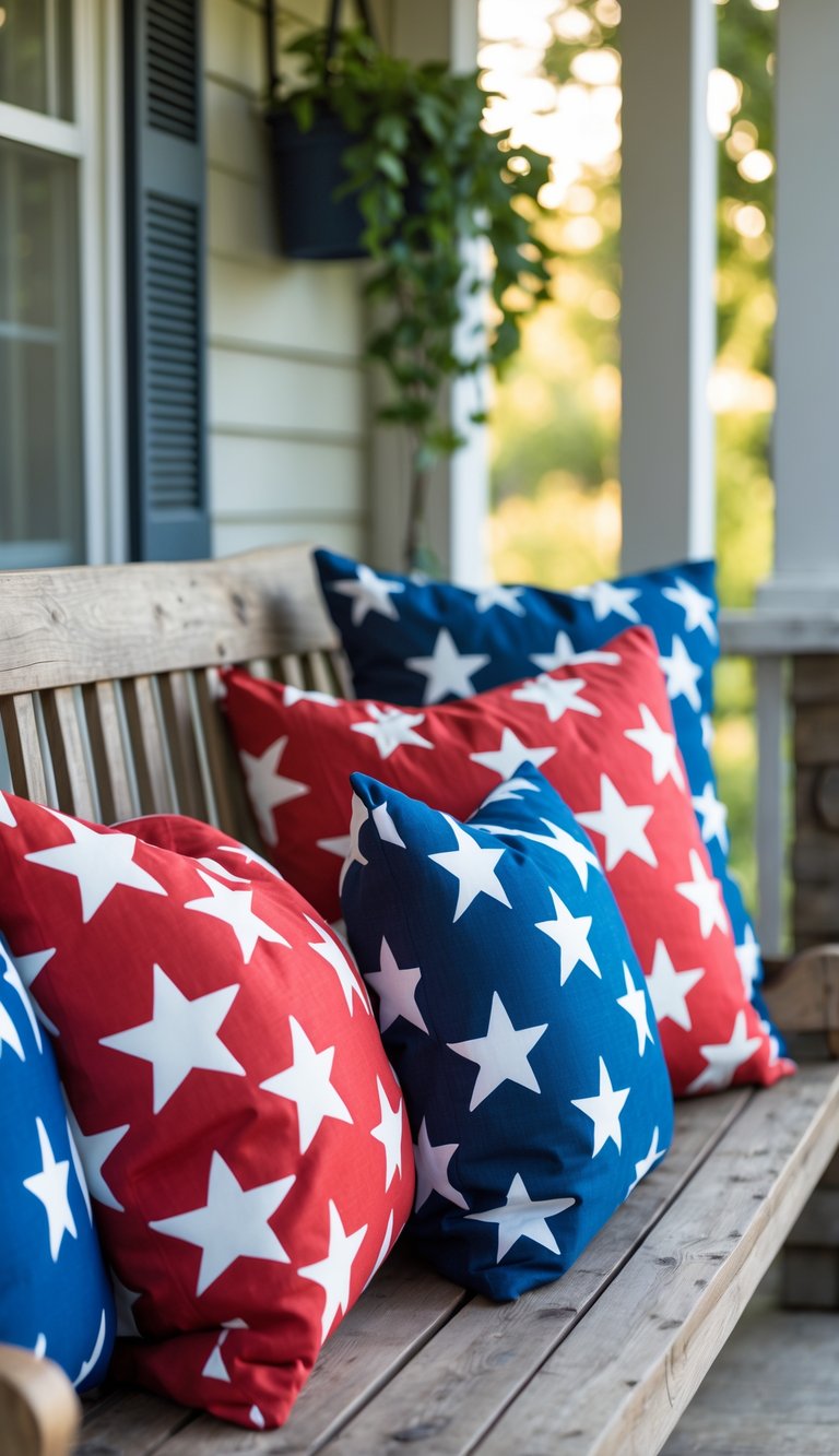 Red and blue throw pillows with white star patterns arranged on a wooden porch bench surrounded by plants.