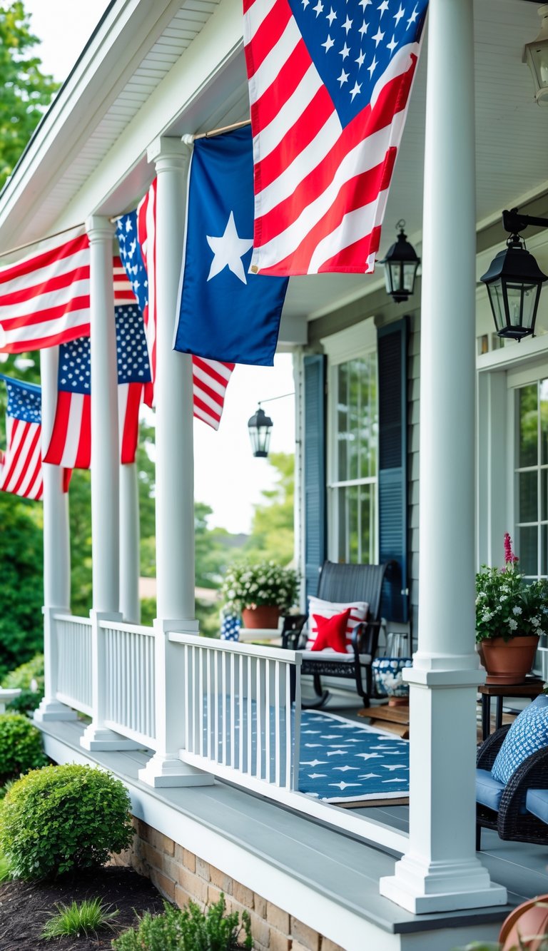 Front porch decorated with multiple red, white, and blue flag banners hanging from railings and columns, surrounded by plants and outdoor furniture.
