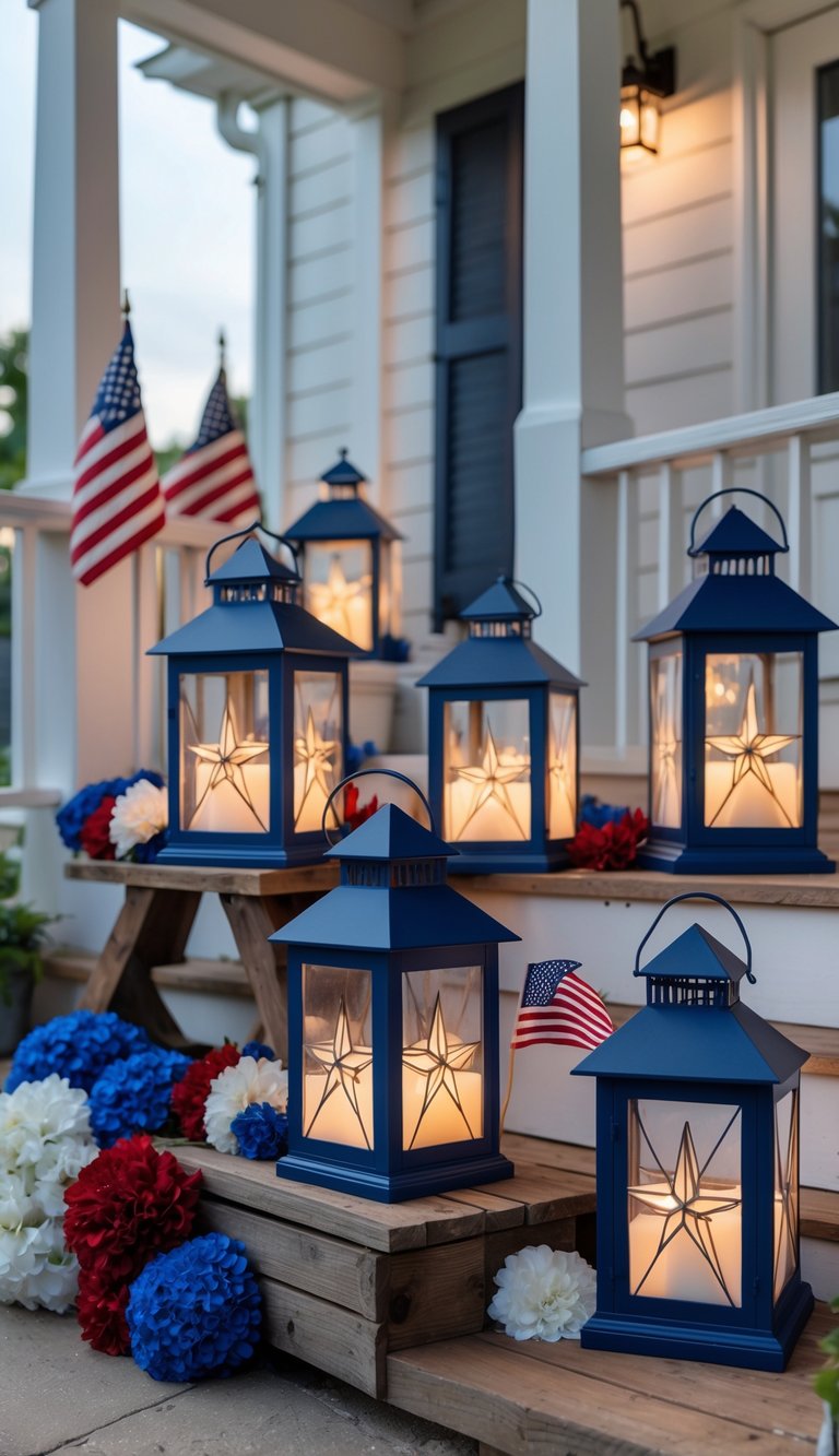 Navy blue lanterns with white star cutouts arranged on a porch with small American flags and flowers.