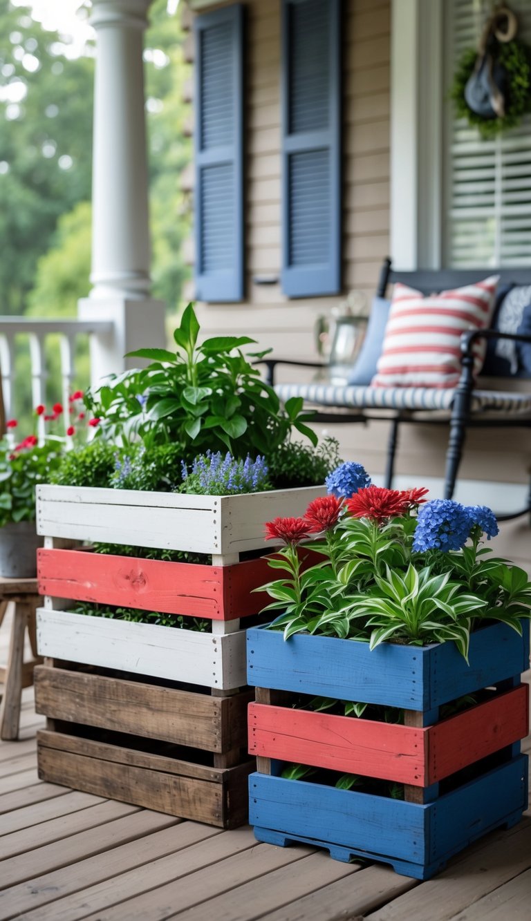 Wooden crate planters painted red, white, and blue filled with green plants and flowers on a porch.
