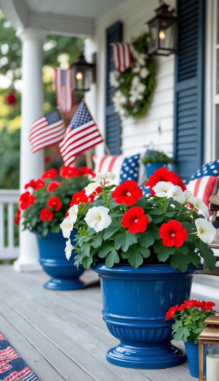 A porch with blue pots holding red geraniums and white petunias, decorated with patriotic-themed items.