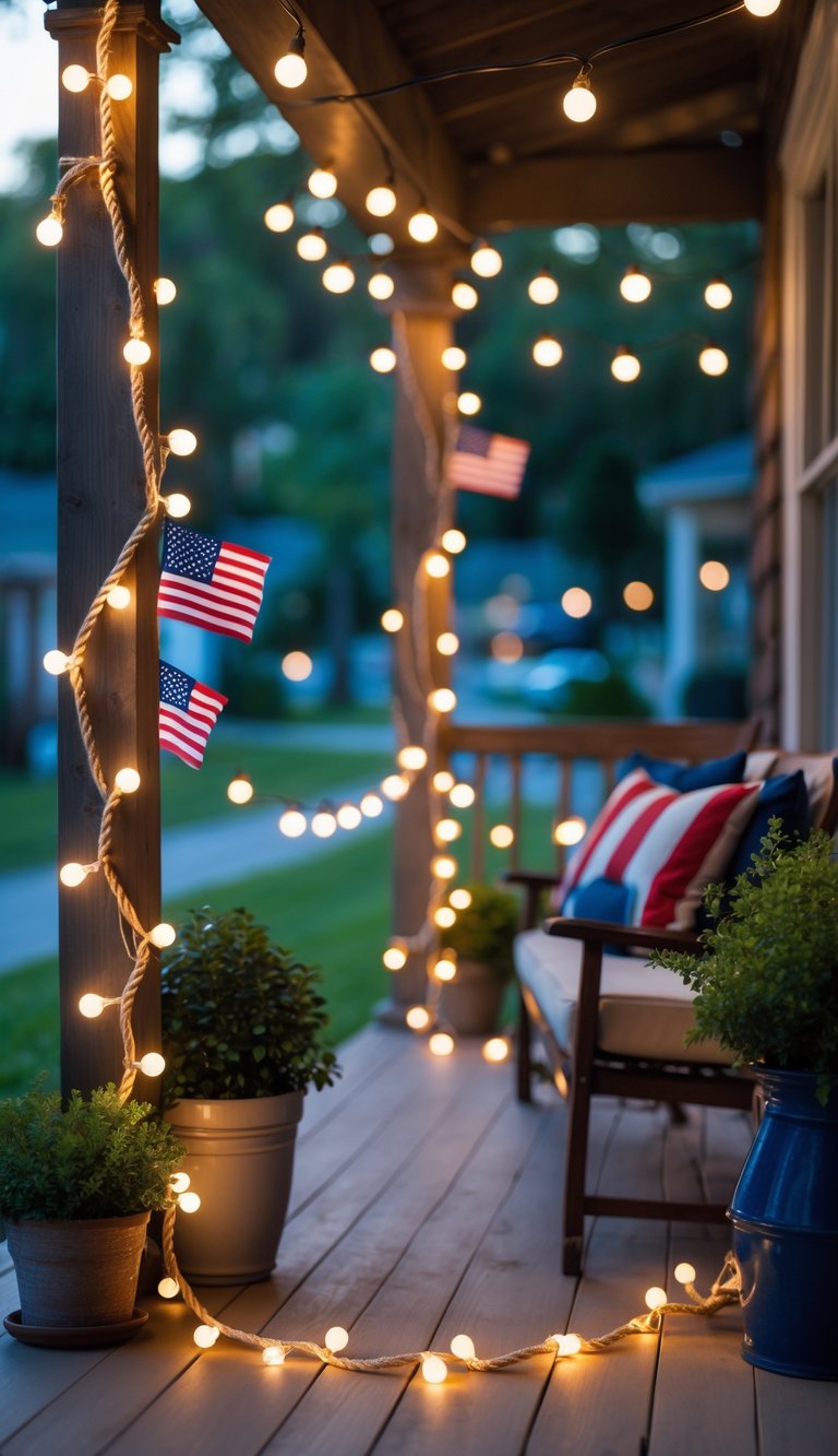 A porch decorated with rope string lights and small American flags hanging along the lights.
