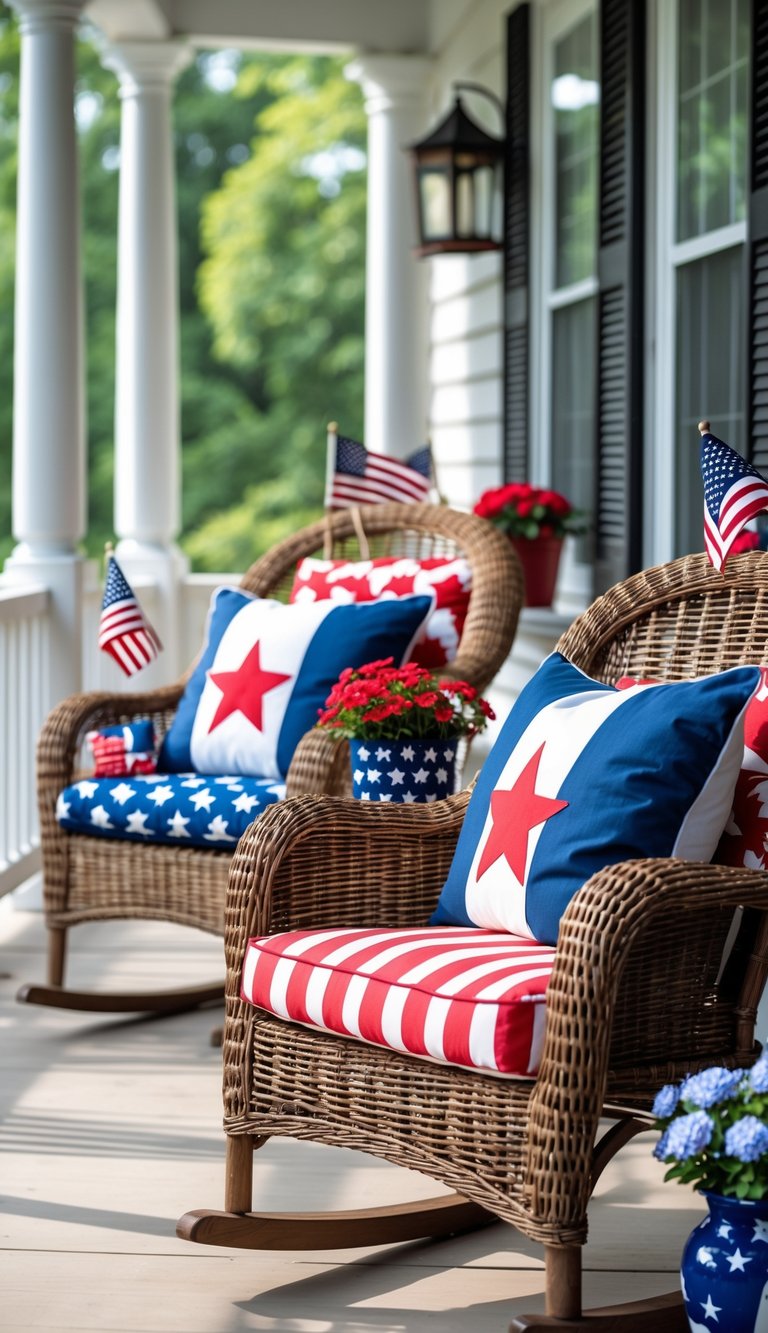 Wicker chairs on a porch with red, white, and blue patriotic cushions and small American flags.
