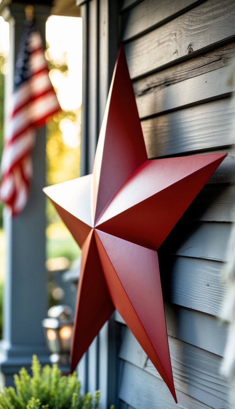 A red star-shaped metal wall decoration hanging on a porch wall with wooden siding and soft natural lighting.