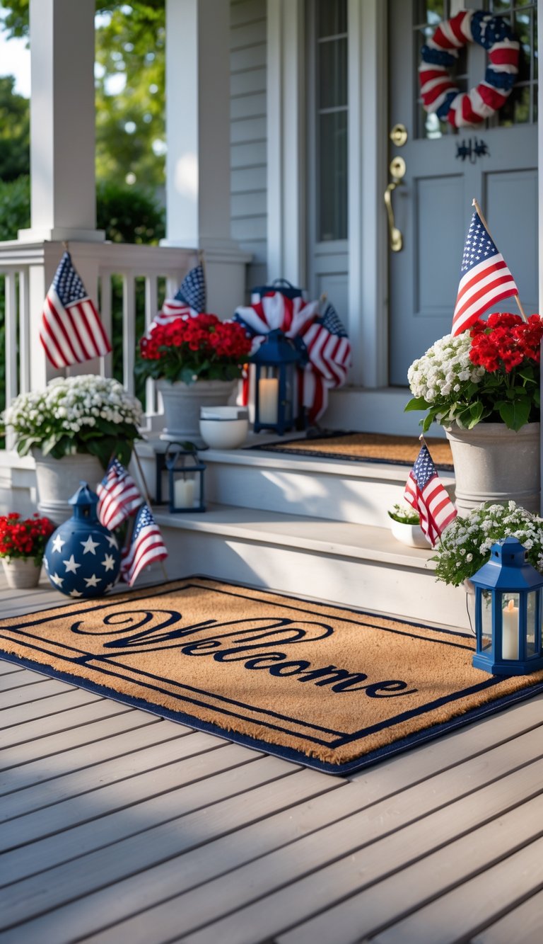 A front porch with a patriotic-themed welcome mat and red, white, and blue decorations including flowers and small American flags.