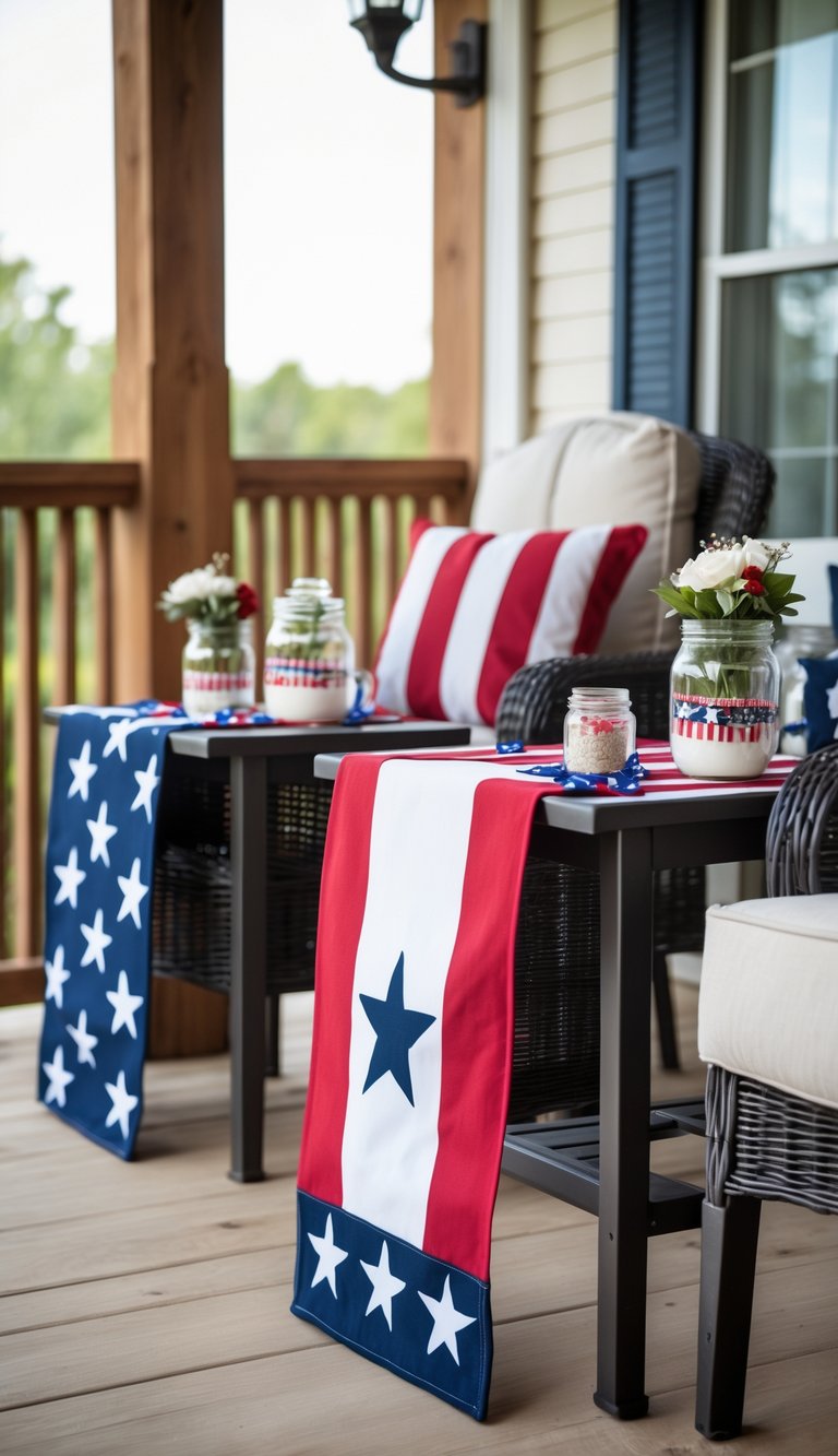 Two porch side tables with American flag themed table runners and small decorative items on a wooden porch.