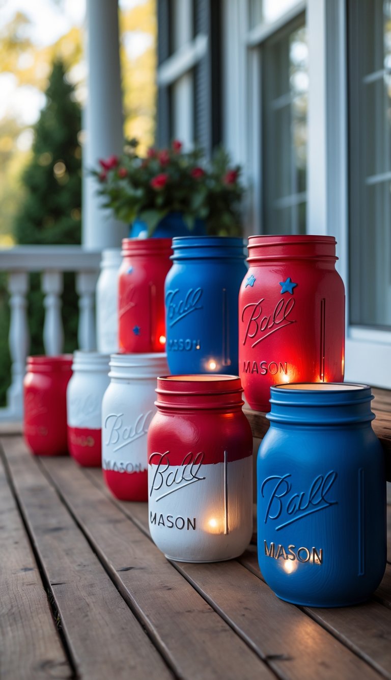 A group of red, white, and blue hand-painted mason jars with lights inside arranged on a porch table.
