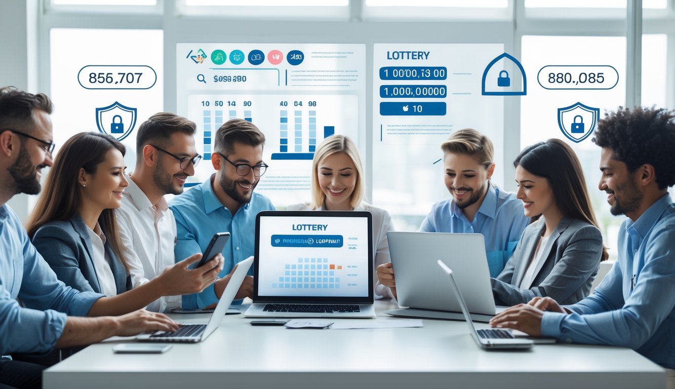 Sekelompok orang menggunakan perangkat digital di kantor modern yang bersih, menunjukkan aktivitas terkait lotere online dengan suasana yang terpercaya dan profesional.