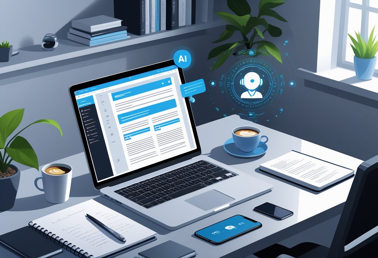 Workspace with laptop showing AI writing tools