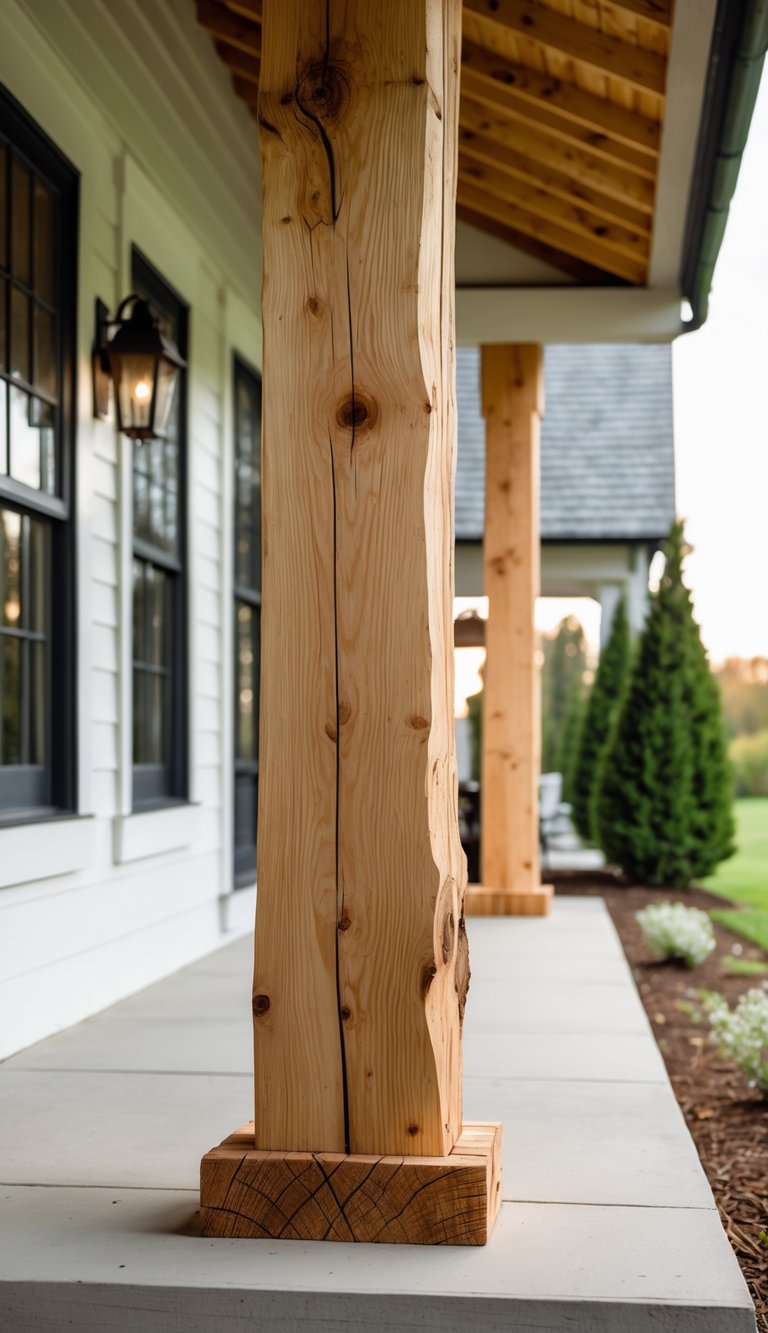 Front porch of a farmhouse with wooden cedar posts and surrounding greenery.
