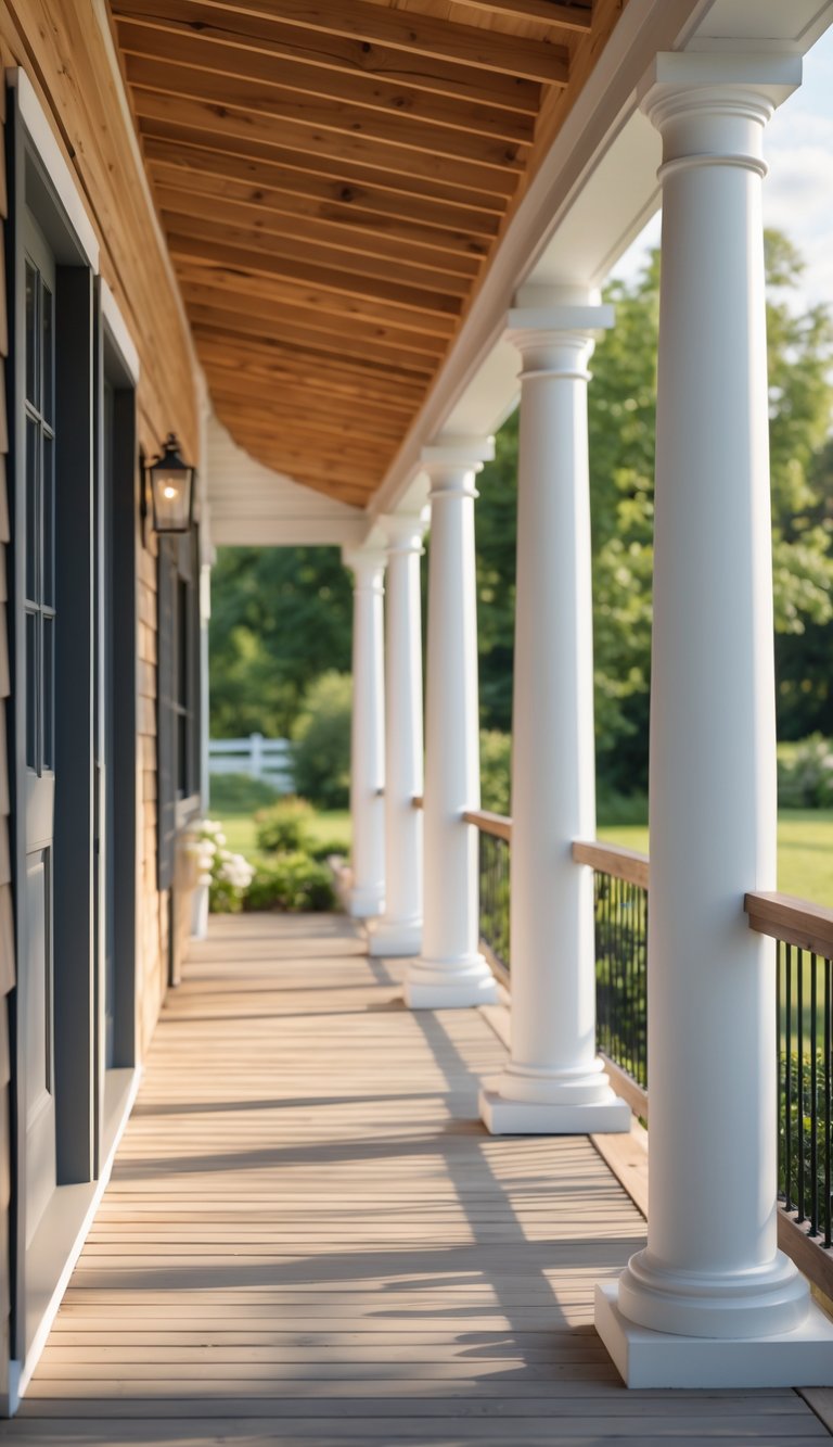 Front porch of a farmhouse with white tapered cedar posts and natural wood accents.