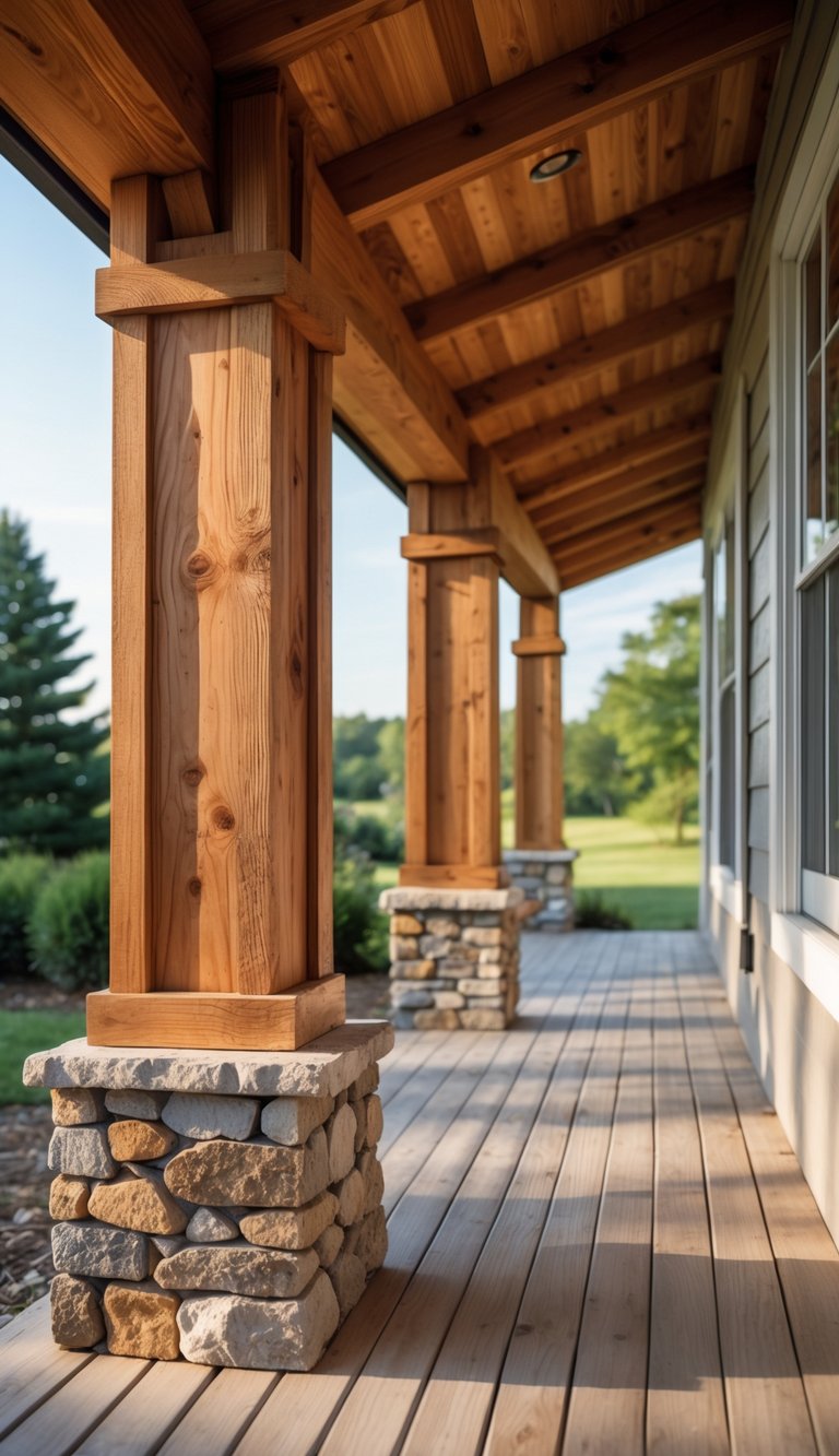Front porch of a farmhouse with cedar posts supported by natural stone bases.