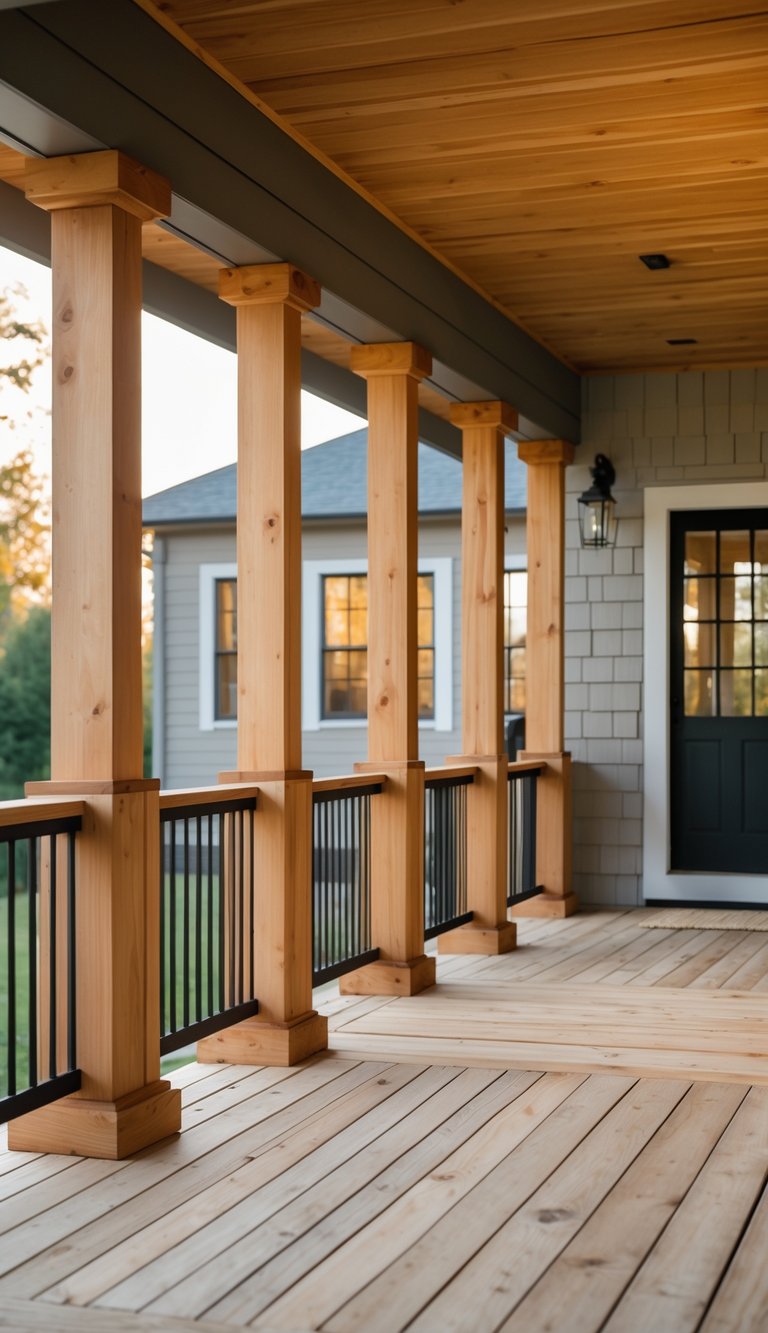 A farmhouse front porch with thirteen square cedar posts supporting the roof.