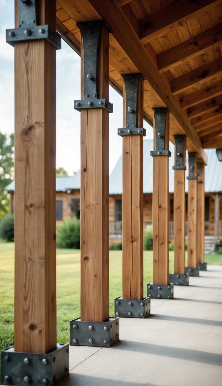 Front porch of a farmhouse with thirteen cedar posts featuring rustic metal brackets.