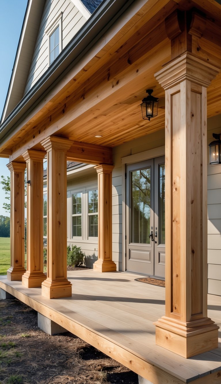 Front porch of a farmhouse with multiple tapered cedar columns supporting the roof.