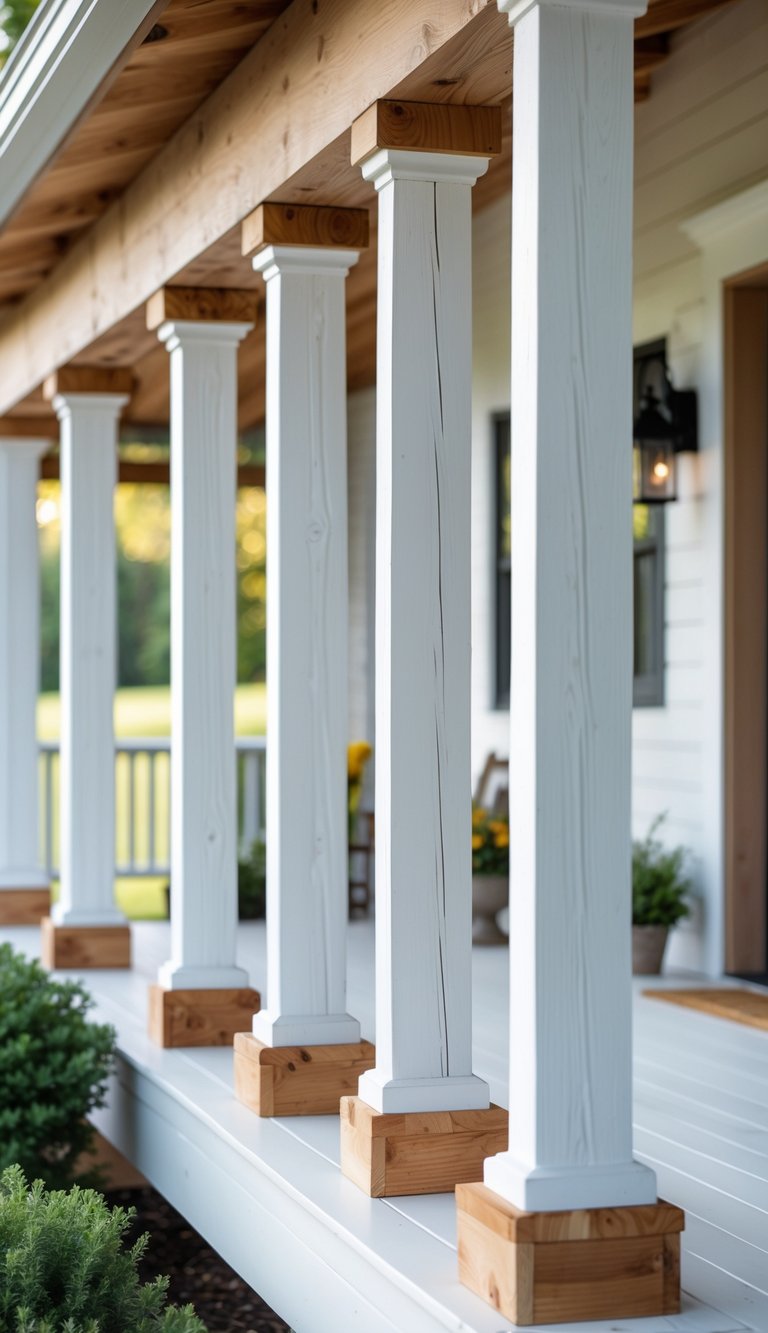 Front porch of a farmhouse with thirteen white cedar posts topped with natural wood caps.