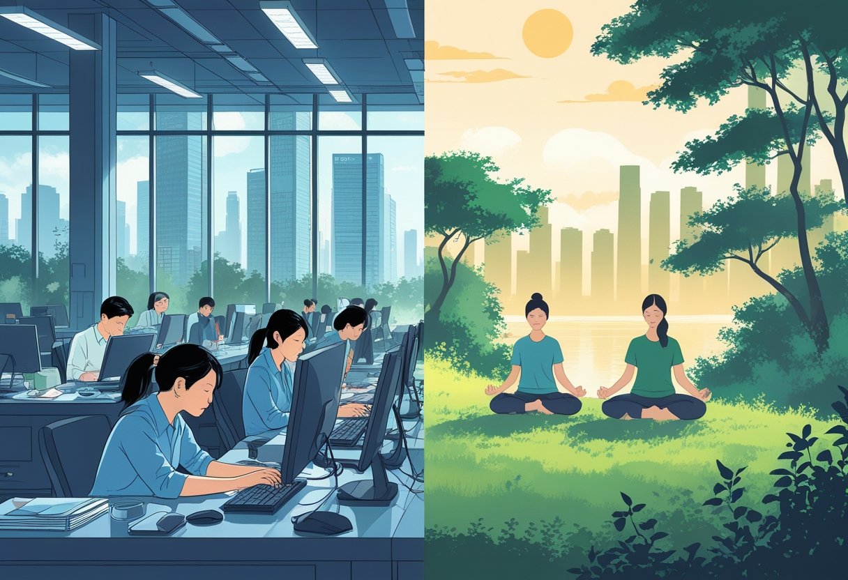 A split scene showing stressed Chinese office workers on one side and calm people practicing mindfulness in a peaceful natural setting on the other.