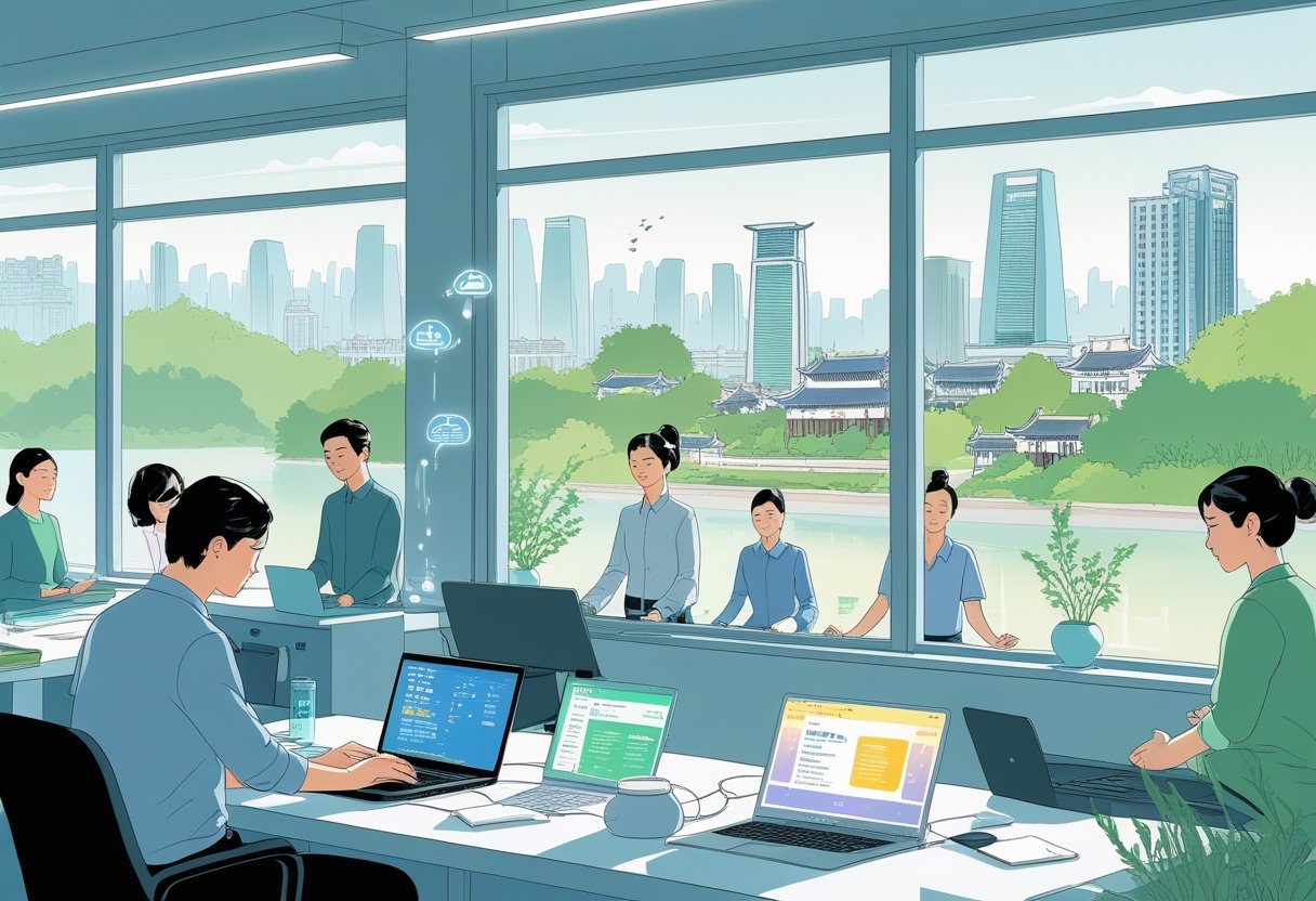 Office workers in a modern Chinese workplace showing stress and relaxation, with some using digital devices and others practicing mindfulness near a window overlooking a calm cityscape with greenery.