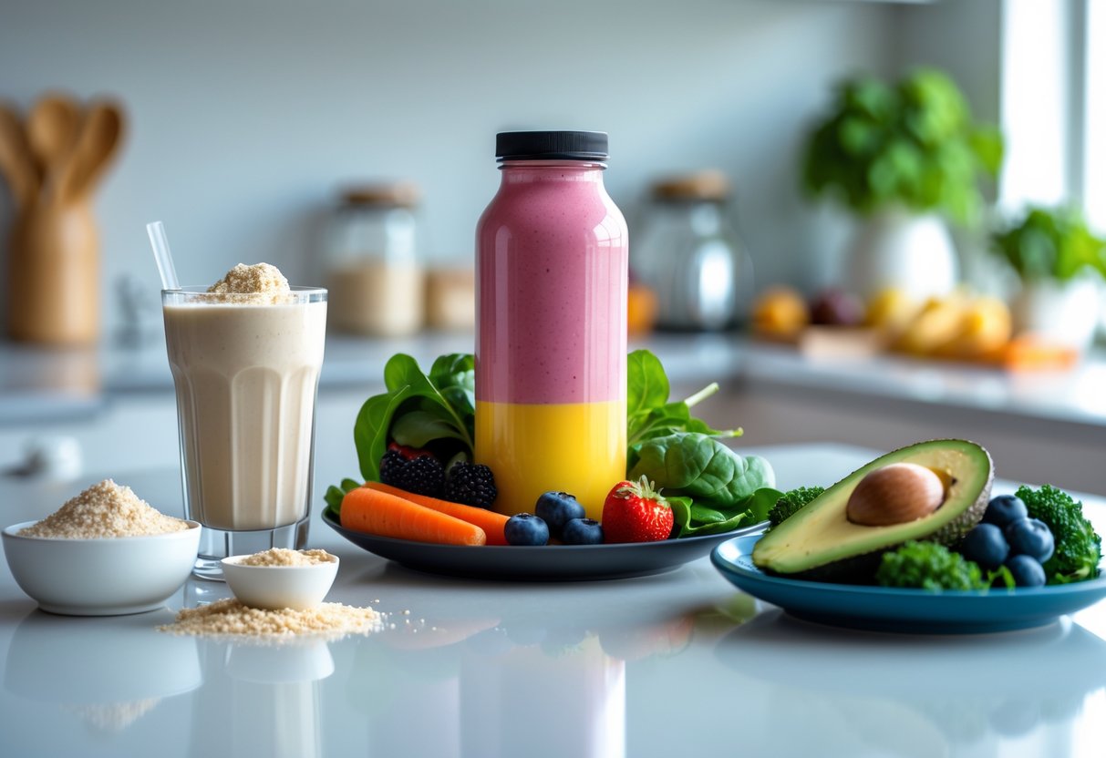 A kitchen countertop displaying a protein shake with powder, a meal replacement shake with fresh fruits and vegetables, and a plate of grilled chicken, quinoa, and vegetables.