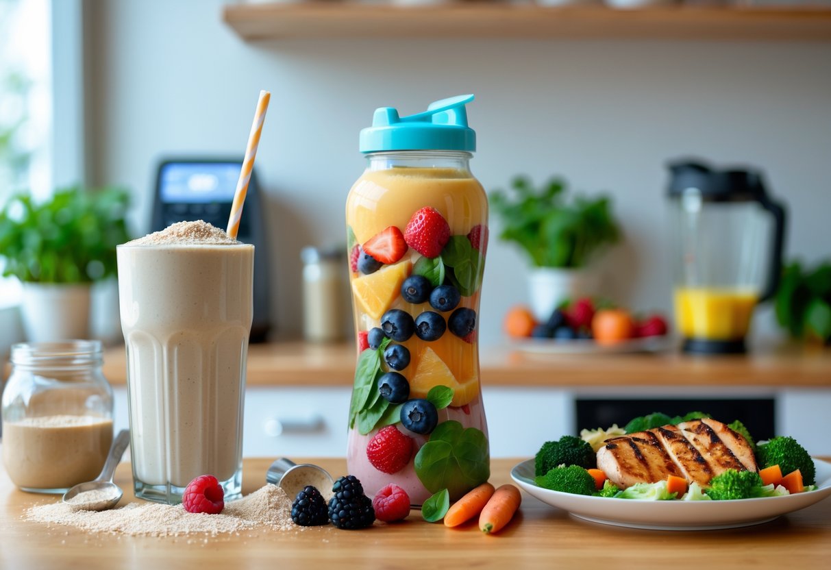 A kitchen countertop displaying a protein shake with powder, a meal replacement shake with fresh fruits and vegetables, and a plate of grilled chicken with vegetables and quinoa.