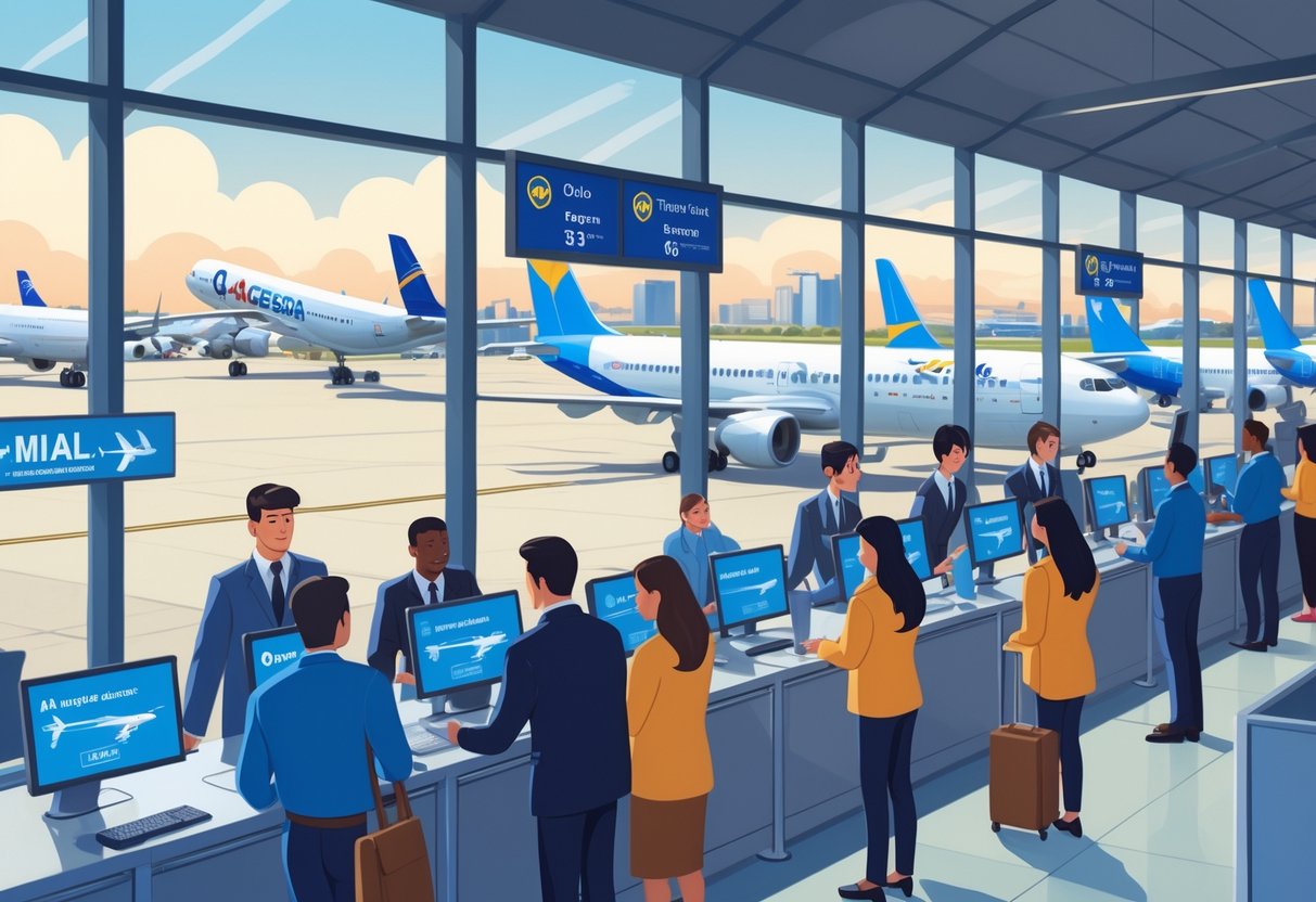 Travelers at an airport terminal in Odessa, Texas, interacting with airline staff near flight information boards and airplanes outside.