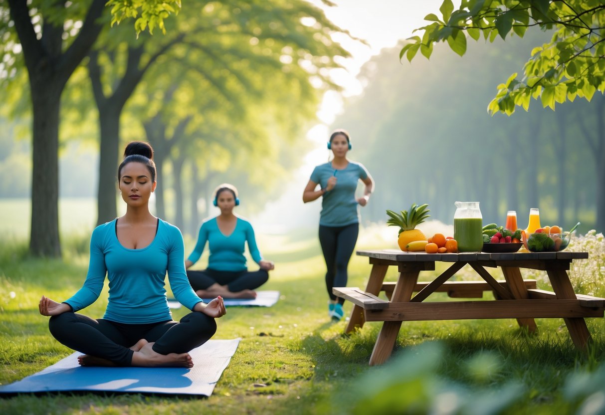 People practicing meditation, jogging, and preparing healthy food outdoors in a peaceful park setting.