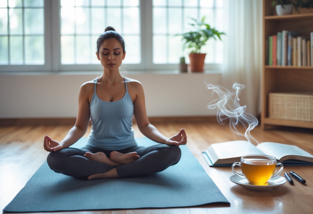 Person meditating on a yoga mat in a sunlit room with a cup of tea and an open journal on a nearby table.