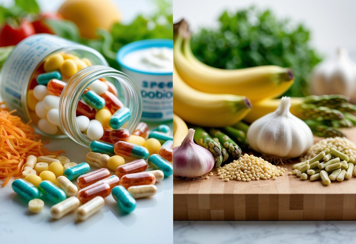 A close-up of probiotic capsules and fermented foods on one side and various fresh prebiotic-rich foods on the other side arranged on a table.