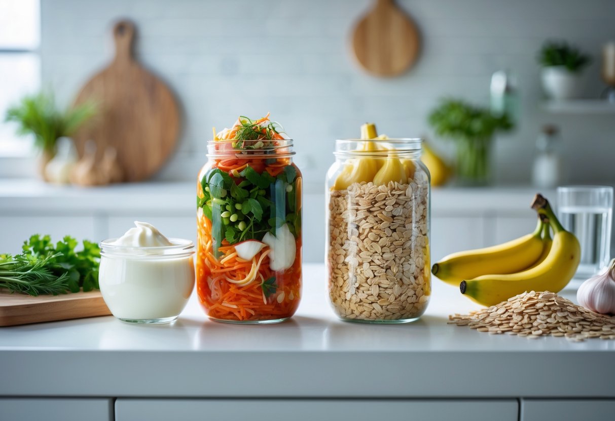 Two glass jars on a kitchen countertop, one with fermented foods like yogurt and kimchi, and the other with prebiotic foods like garlic, onions, bananas, and oats.