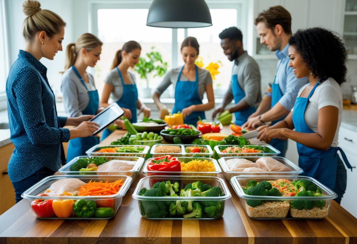 People preparing healthy meals in a bright kitchen with containers of food and fresh ingredients on the counter.