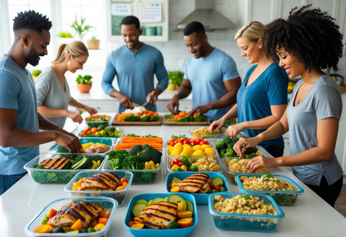 People preparing healthy meals in containers on a kitchen countertop.