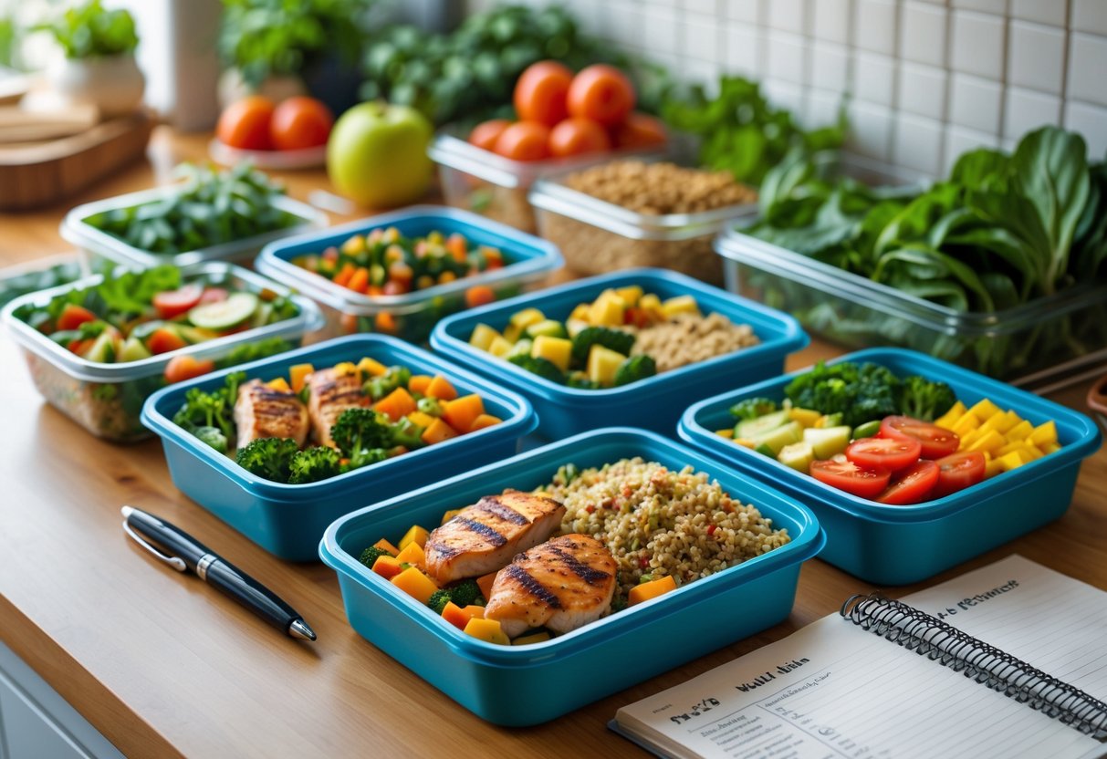 A kitchen table with neatly packed meal prep containers, a weekly meal planner notebook, and fresh ingredients on the counter.