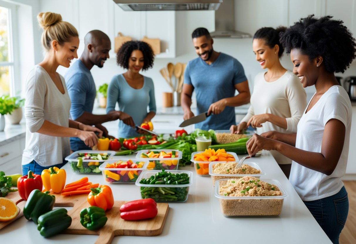 A group of people preparing healthy meals in a bright kitchen with fresh vegetables and meal prep containers on the counter.