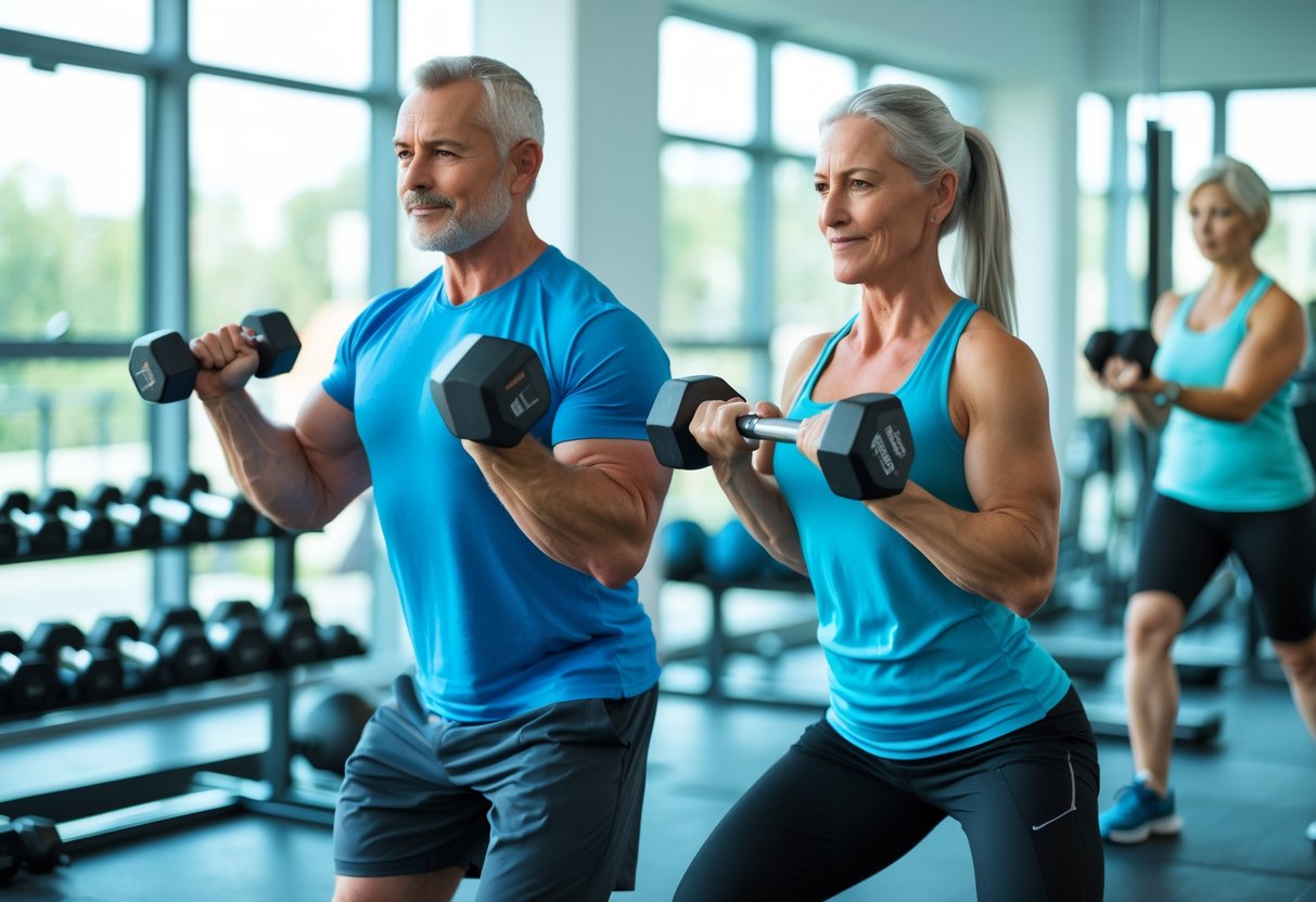 A middle-aged man and woman exercising with dumbbells and kettlebells in a bright gym.
