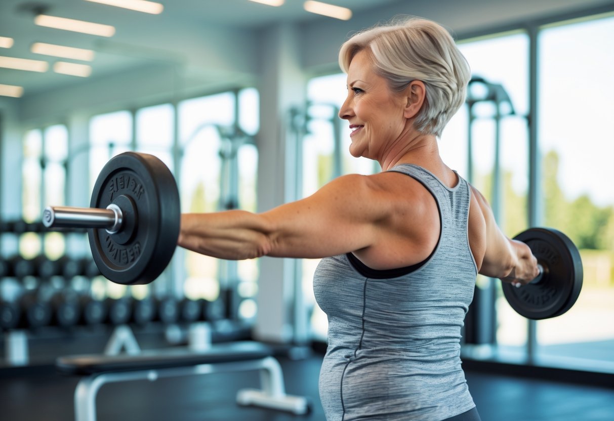 A middle-aged woman performing strength training exercises with free weights in a bright gym.