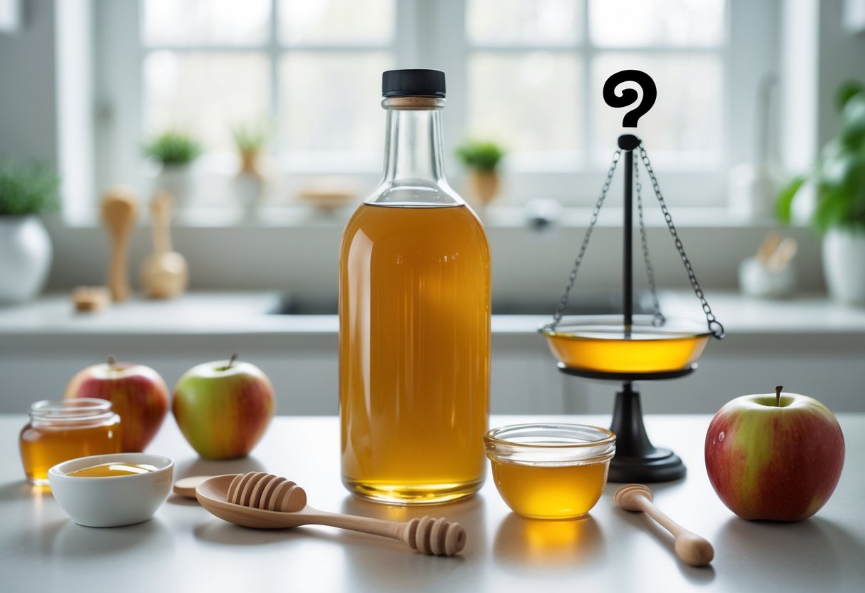 A kitchen countertop with a bottle of apple cider vinegar, fresh apples, honey, and a balanced scale showing an apple and a question mark.