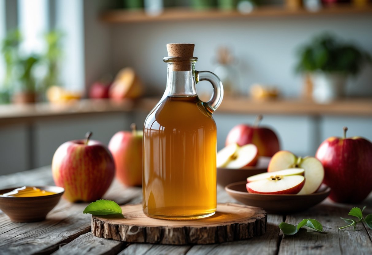 A bottle of apple cider vinegar on a wooden table surrounded by fresh apples and apple slices in a kitchen setting.