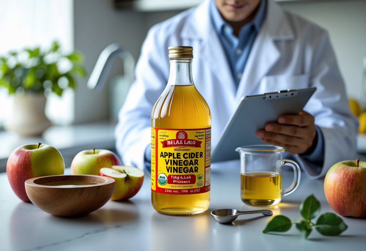 A person in a lab coat examines a clipboard near a bottle of apple cider vinegar surrounded by fresh apples on a kitchen countertop.