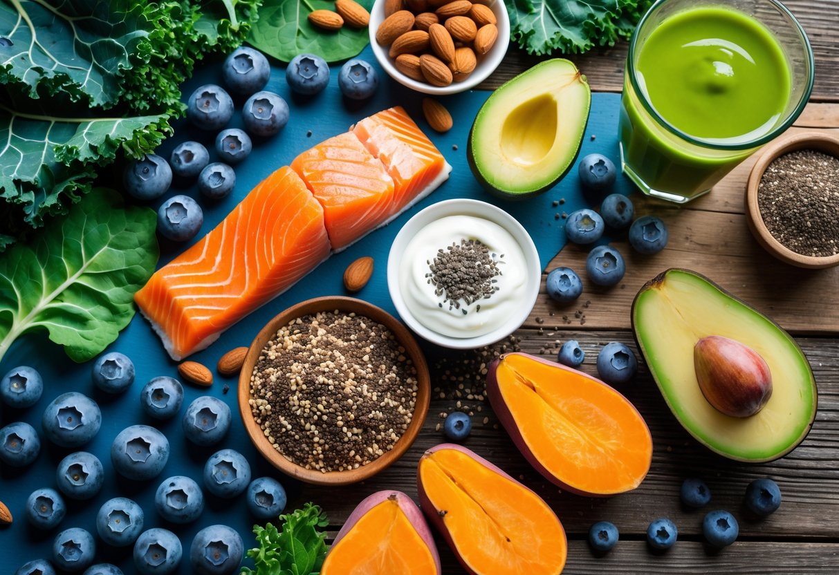 A variety of fresh superfoods including blueberries, kale, almonds, salmon, quinoa, yogurt, chia seeds, sweet potatoes, avocado, and a green smoothie arranged on a wooden table.