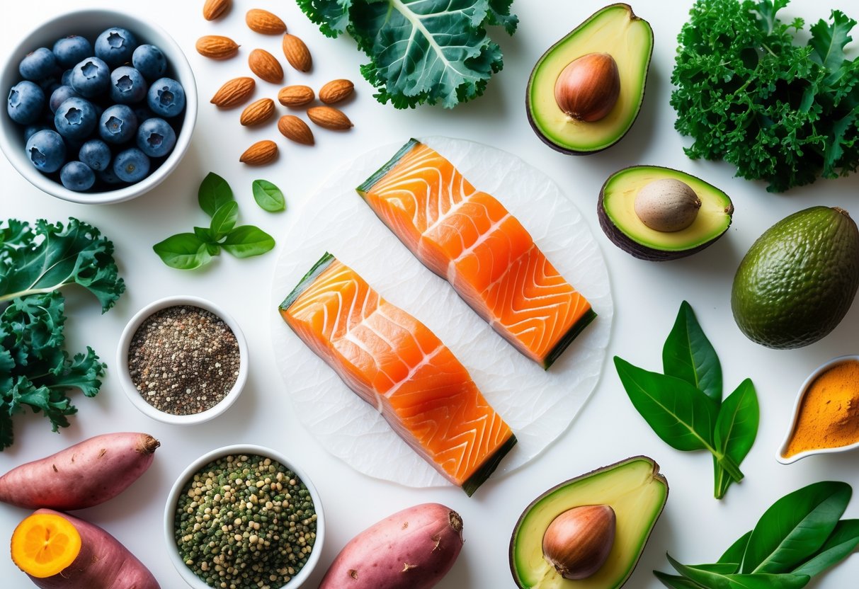An assortment of fresh superfoods including blueberries, kale, almonds, salmon, quinoa, avocado, chia seeds, sweet potatoes, green tea leaves, and turmeric root arranged on a white surface.