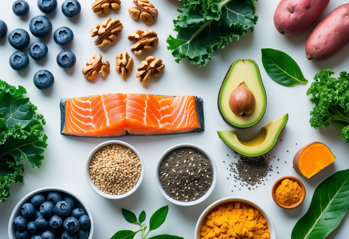 A colorful assortment of fresh superfoods including blueberries, kale, walnuts, salmon, quinoa, avocado, chia seeds, sweet potatoes, green tea leaves, and turmeric root arranged on a white surface.