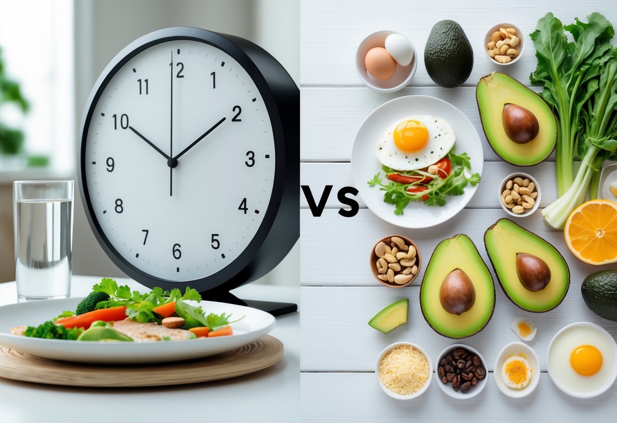 A split scene showing a clock with a light meal on one side and keto-friendly foods like avocados, nuts, eggs, and cheese on the other side.