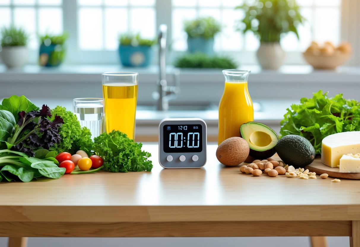 A kitchen table with fresh vegetables, keto-friendly foods, and a digital timer, illustrating intermittent fasting and keto diet concepts.