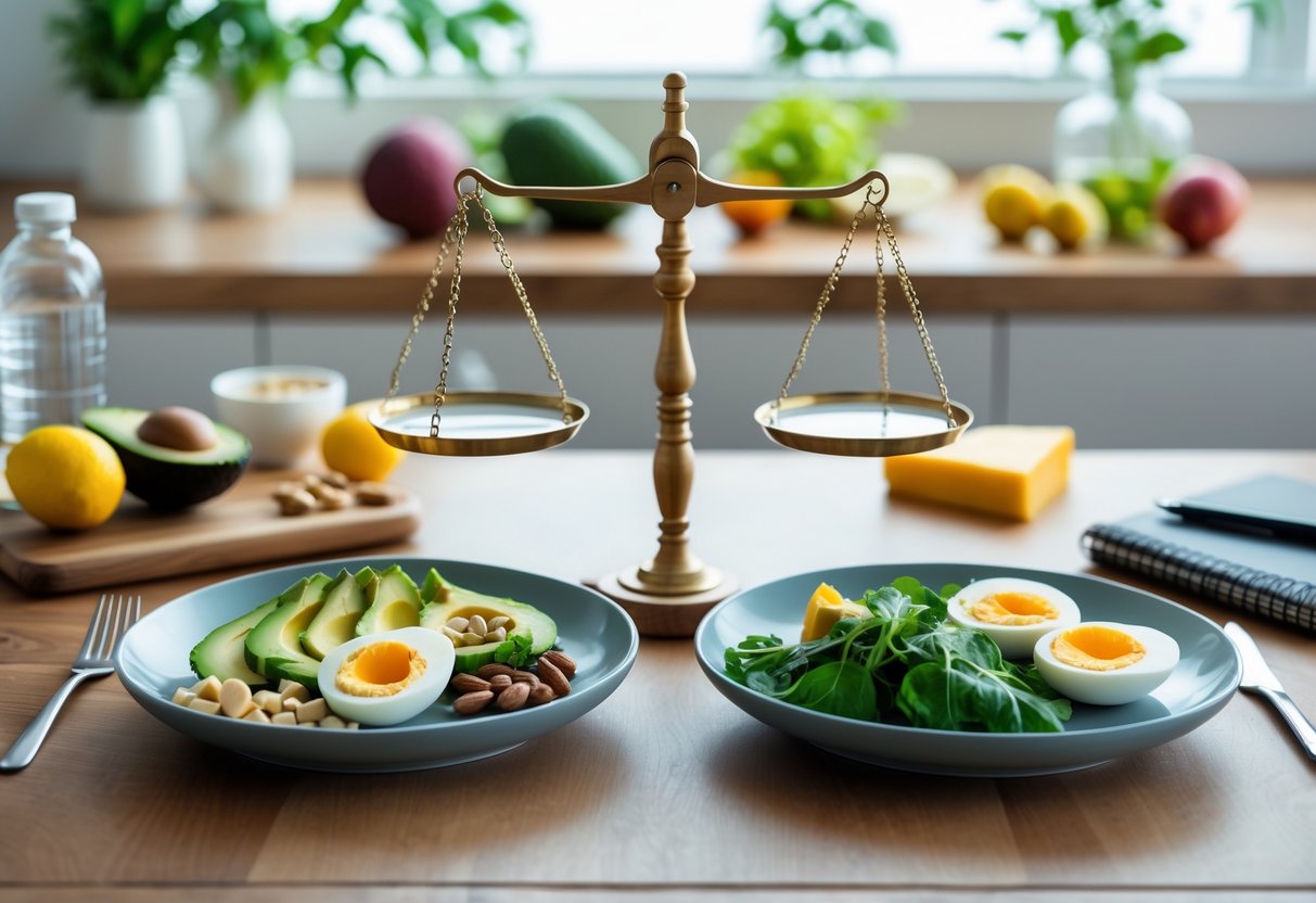 A kitchen table with two plates side by side, one with keto-friendly foods and the other with a clock and glass of water, symbolizing intermittent fasting and diet comparison.