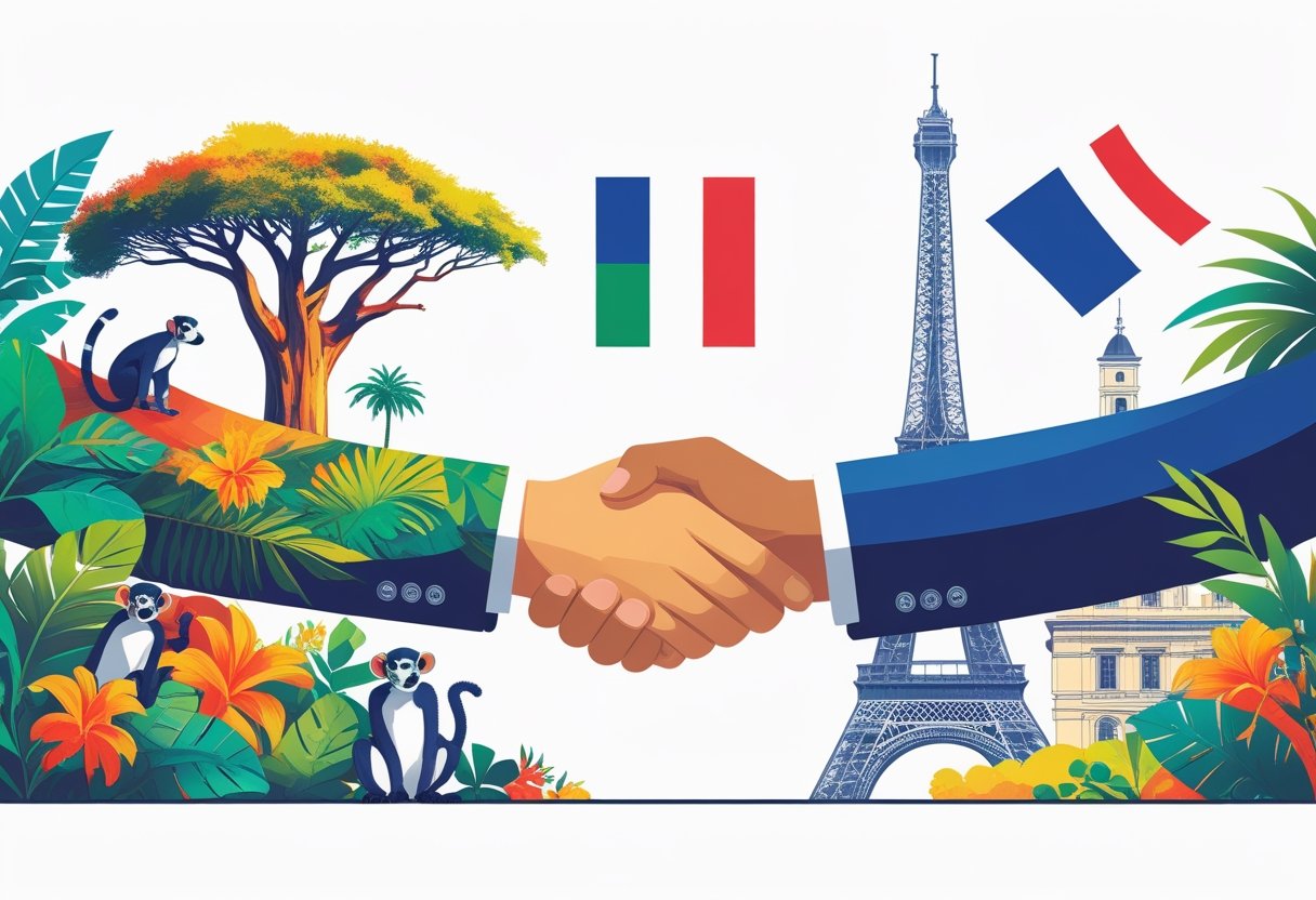 Deux mains se serrant devant un paysage combinant un baobab et des lémuriens d'un côté, et la tour Eiffel de l'autre, symbolisant la coopération entre Madagascar et la France.