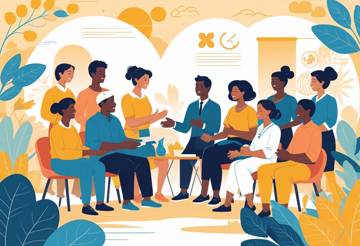 Un groupe diversifié de personnes de Madagascar et de France partageant des expériences dans un cadre convivial et collaboratif.