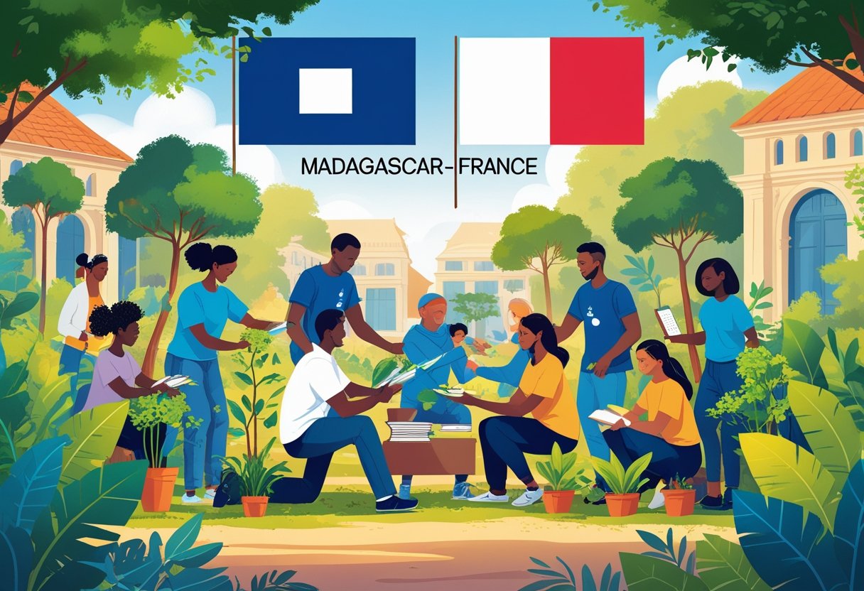 Un groupe de personnes de différentes origines travaillant ensemble dans un environnement naturel avec des symboles des pays Madagascar et France en arrière-plan.