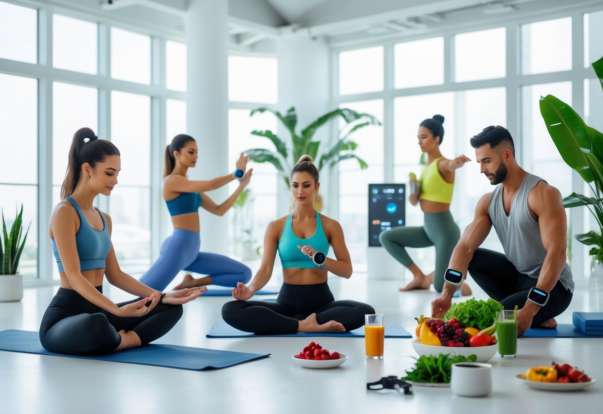 A diverse group of people practicing yoga, using wearable health devices, and preparing a smoothie in a bright, modern indoor wellness space with plants and technology.